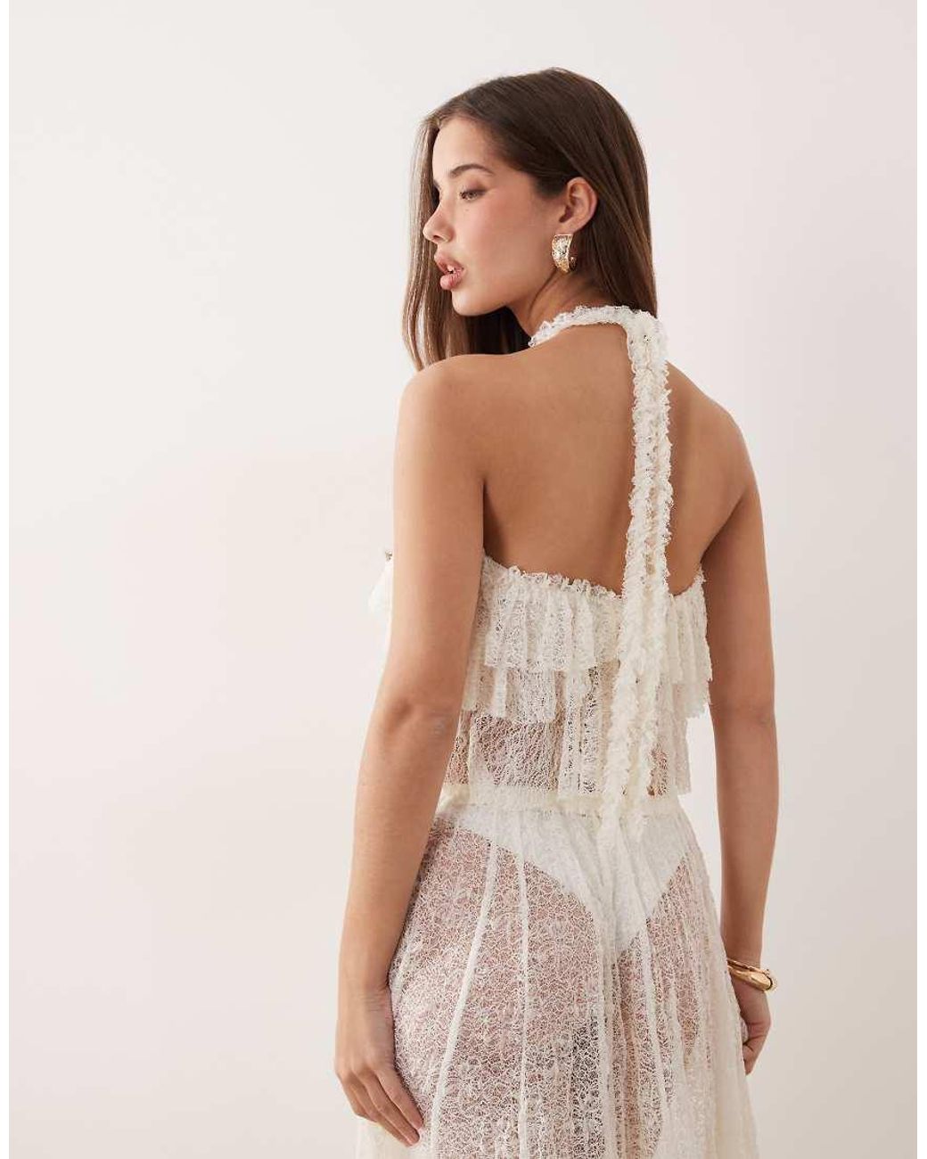 Noughts & Kisses Natural Lace Ruffle Halterneck Top Co-Ord