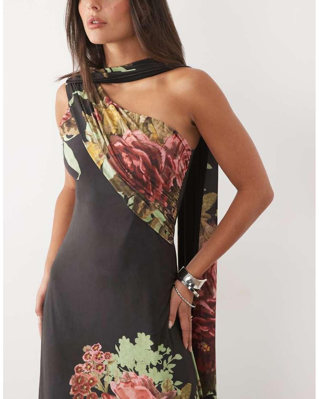ASOS White Printed Floral Slinky Maxi Column Dress With Scarf Fringe Detail