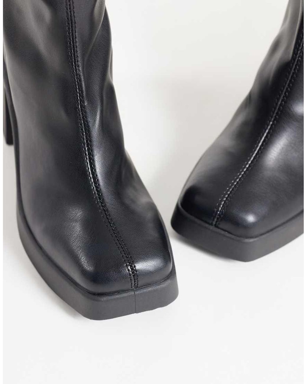 ASOS Blue Wide Fit Edison Square Toe Chunky Heeled Sock Boots