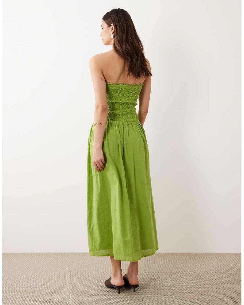 Nobody's Child Green Mandy Cotton Bandeau Shirred Bodice Midi Dress