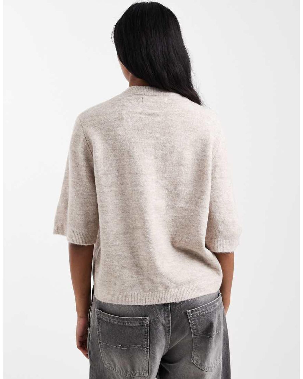 ONLY Natural Tie Front Short Sleeve Boxy Knitted Top