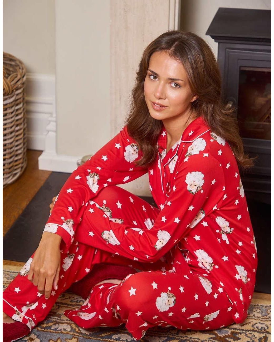 Loungeable Red Santa Button Shirt And Long Pant Pyjamas Set