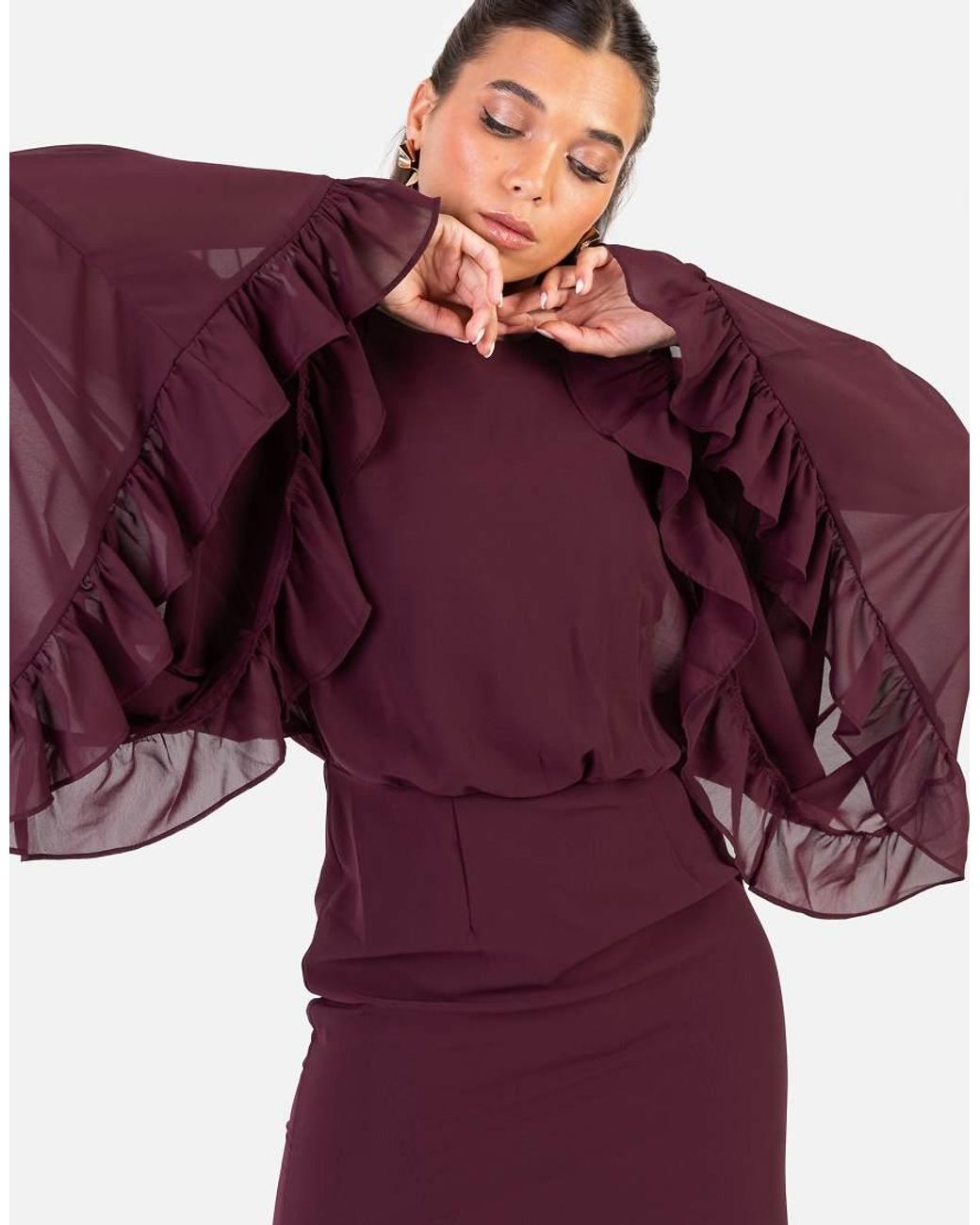 ANAYA Red Oversized Sleeve Round Neck Ruffle Maxi Dress