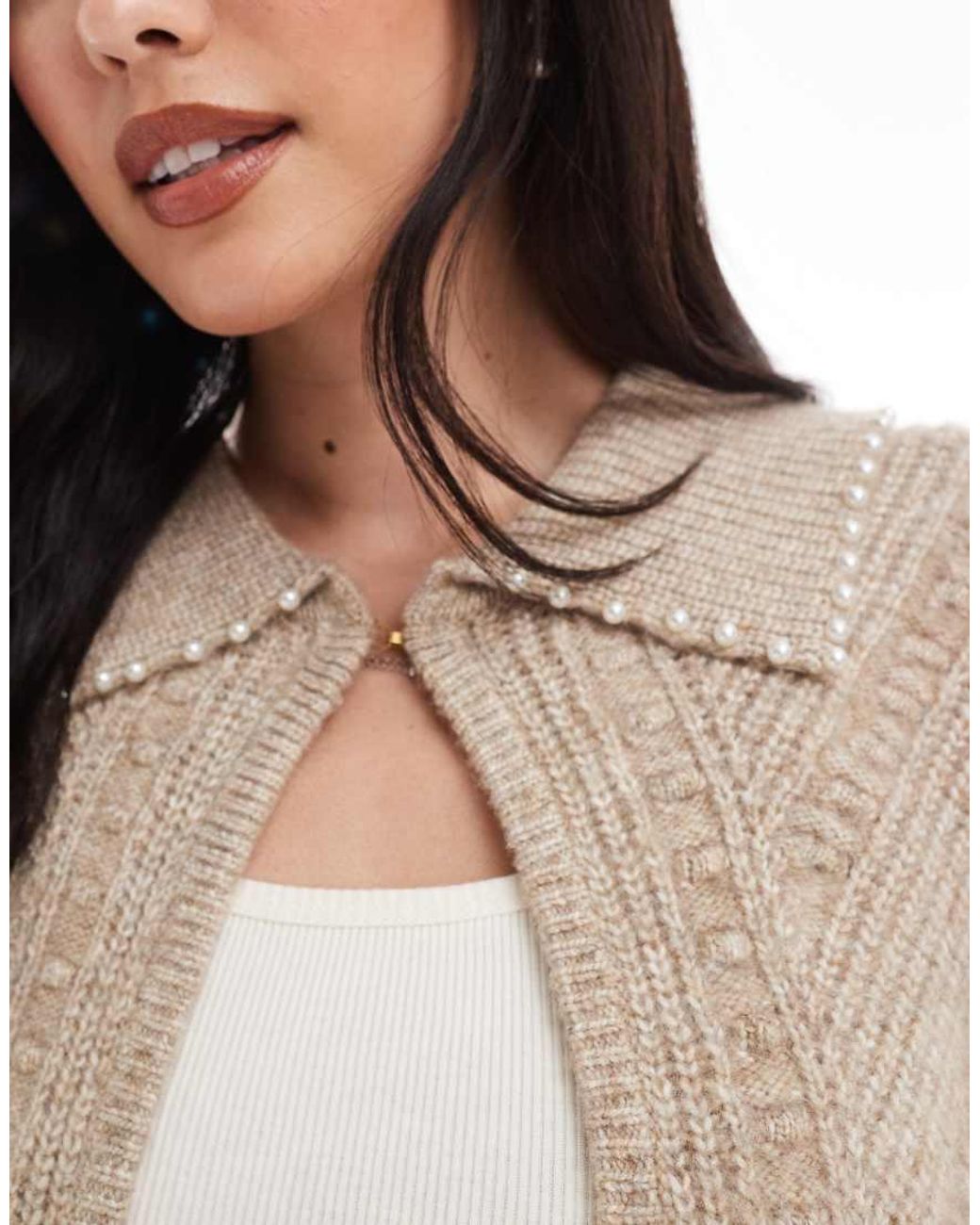 French Connection Natural Kitty Faux Pearl Collared Cardigan