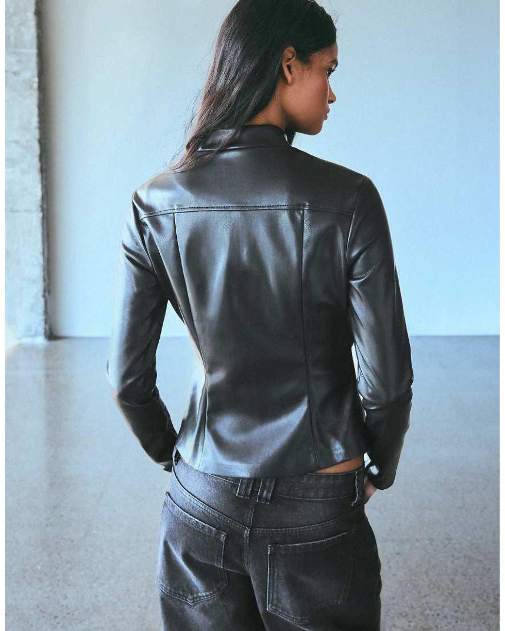 Bershka Black Fitted Leather-effect Zip-up Shirt
