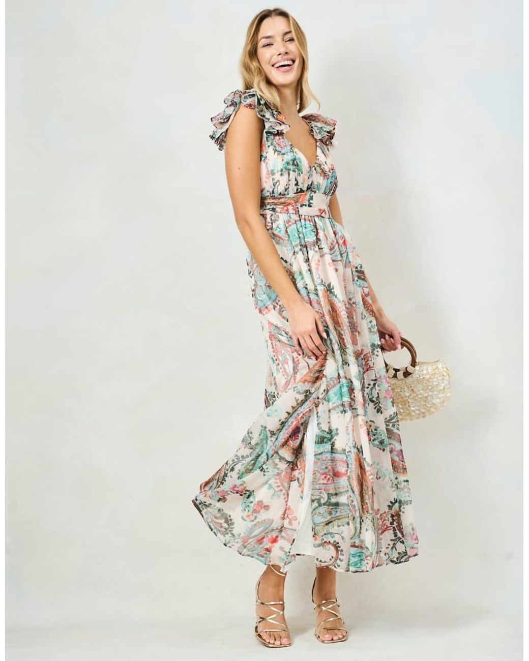 Hope & Ivy White The Aura Printed Ruffle Shoulder Maxi Dress With Ruched Bodice And Thigh Slits