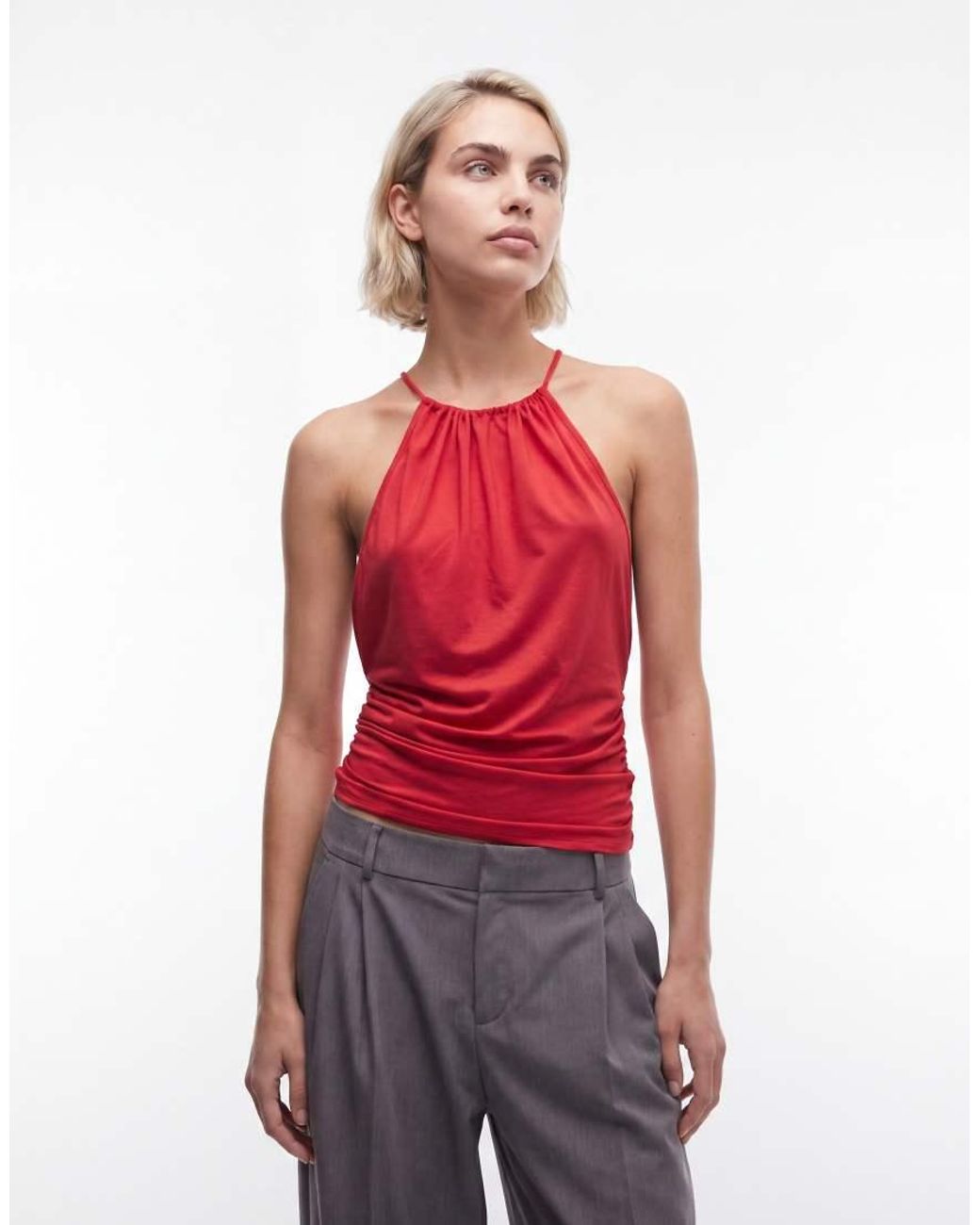 Weekday Red Ruched Halter Neck Top With Open Back