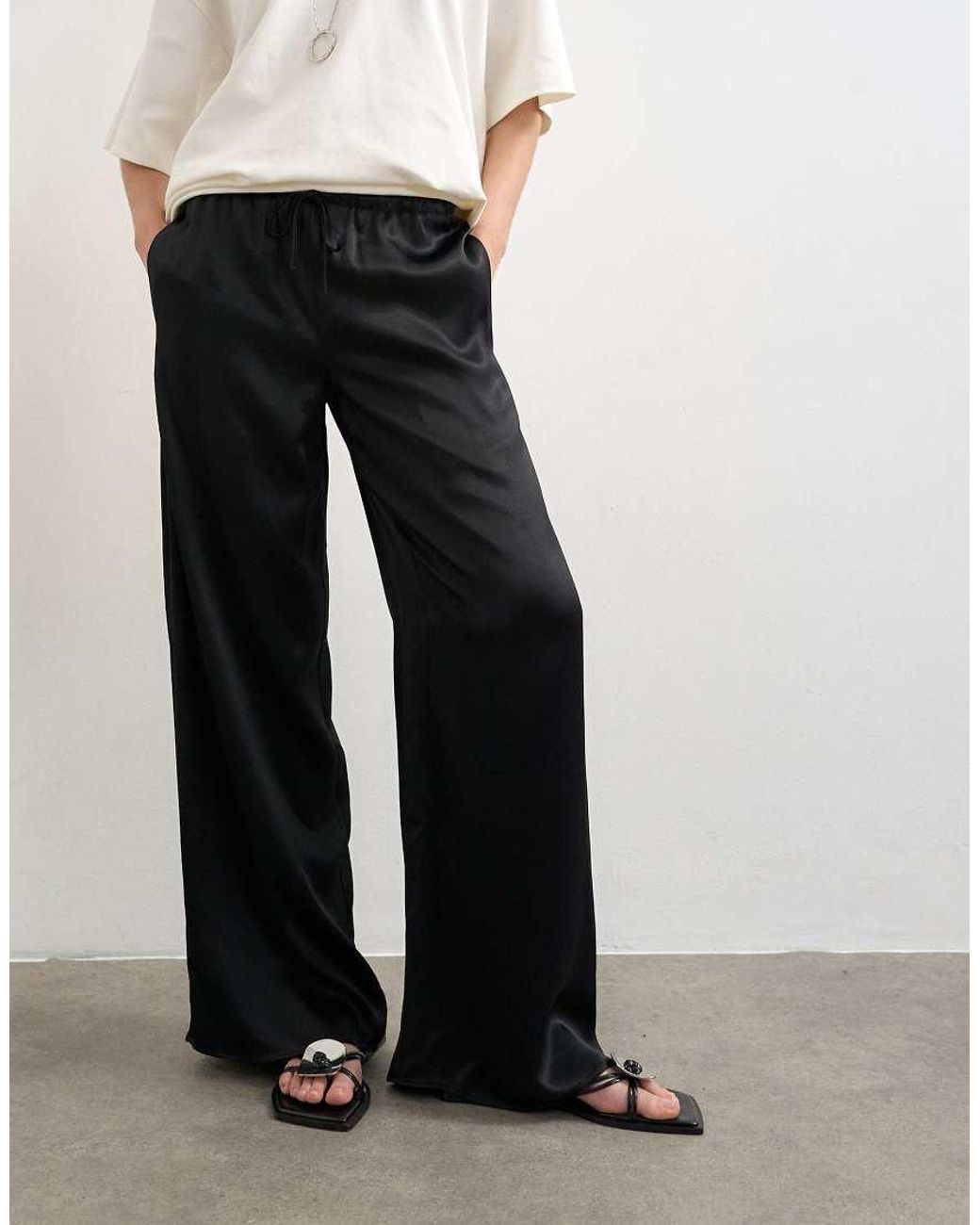 TOPSHOP White Plain Satin Tie Waist Wide Leg Trouser