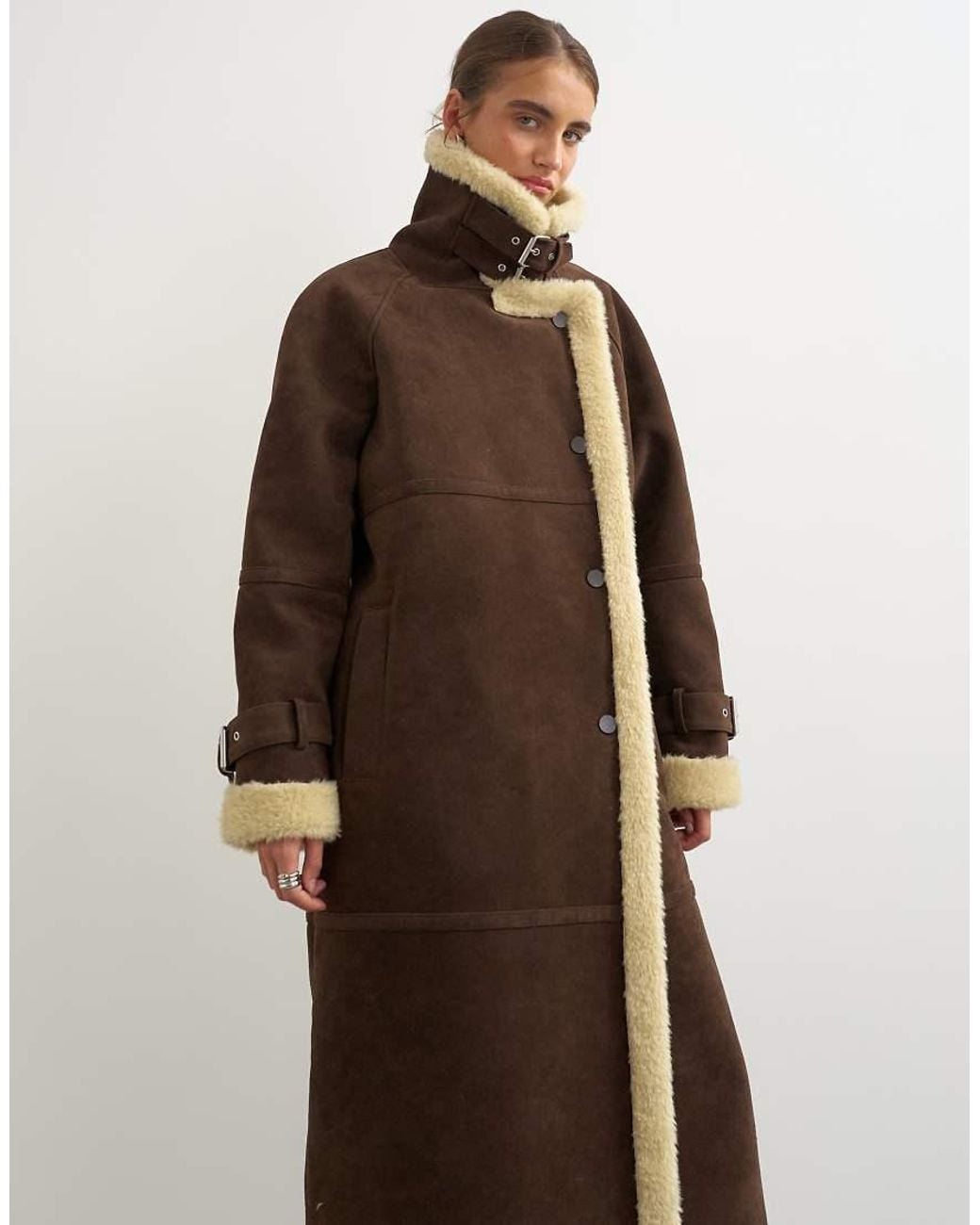 TOPSHOP Natural Longline Borg Trim Funnel Neck Coat