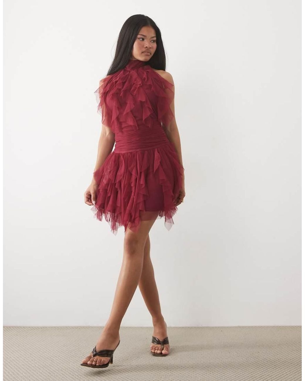 LACE & BEADS Red Tulle Ruffle Halter Drop Hem Mini Dress