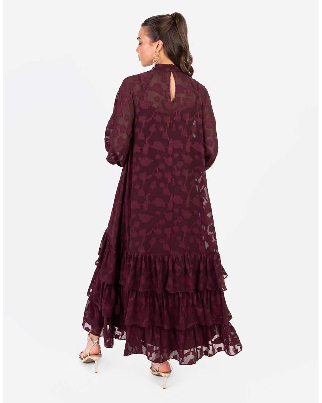 ANAYA Red Floral Burnout Long Sleeve Trapeze Midaxi Dress