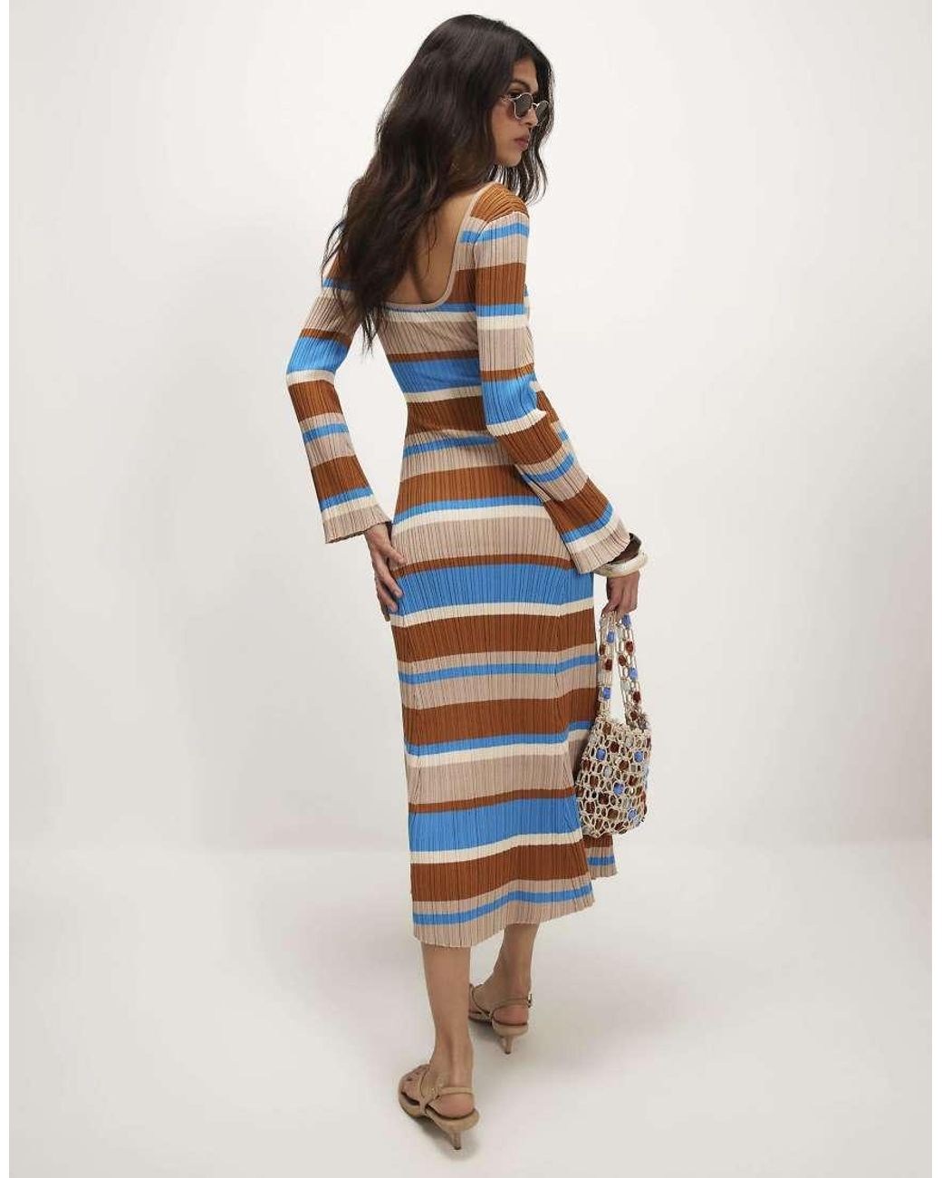River Island Blue Long Sleeve Stripe Knit Midi Dress