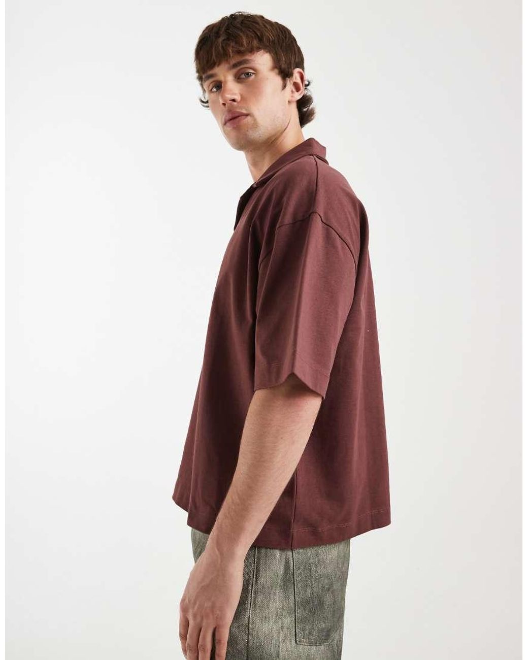 ASOS Brown Heavyweight Boxy Oversized Revere Polo for men