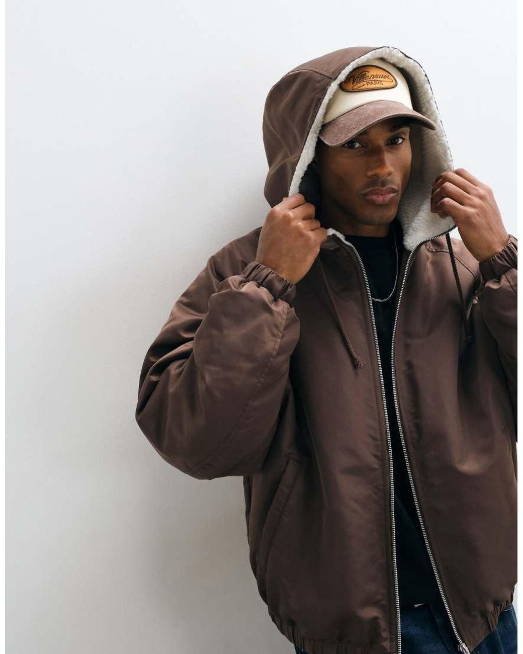 ASOS Black Nylon Bomber With Borg Trip On Hood for men