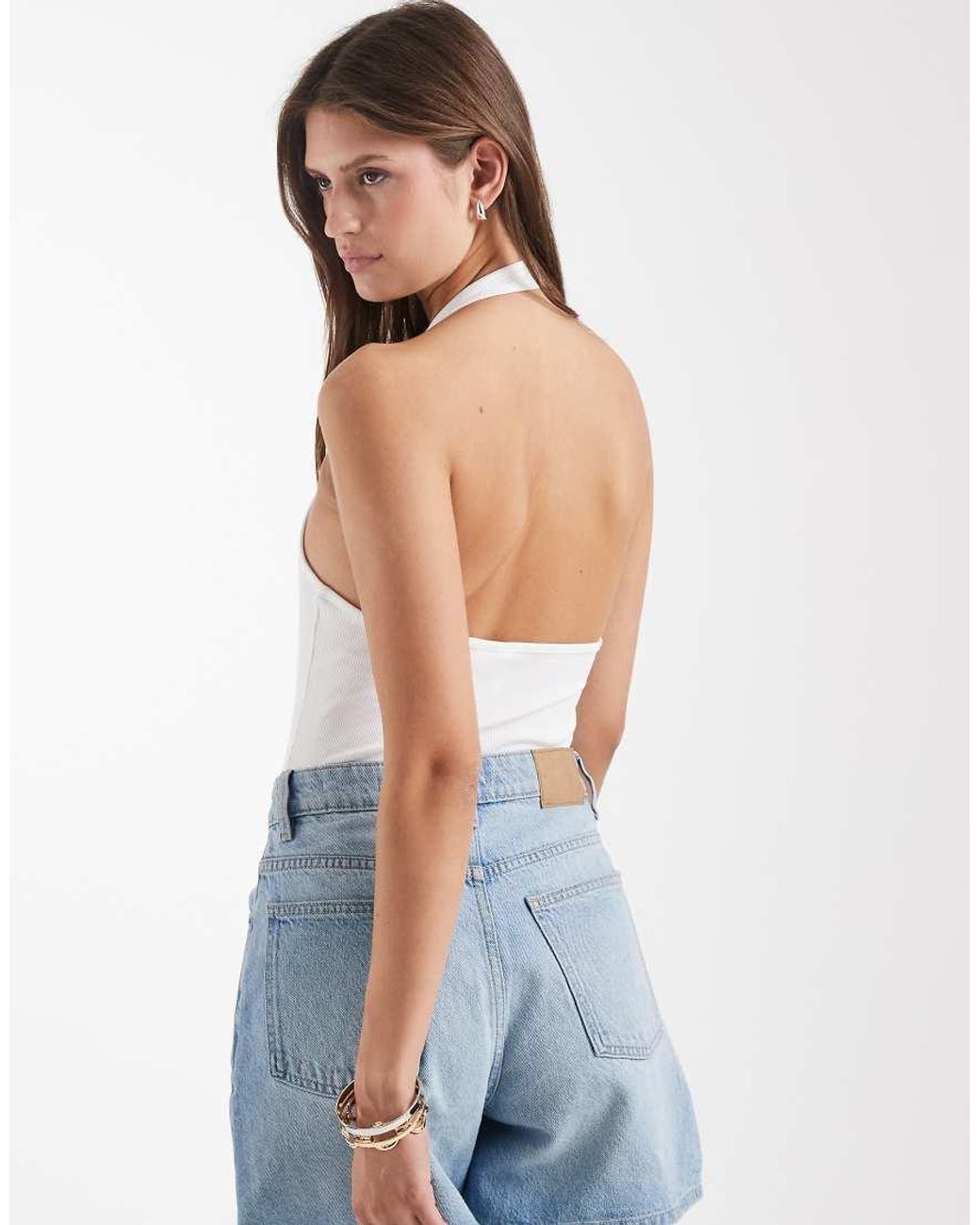 & Other Stories Blue Ribbed Jersey Halterneck Bodysuit