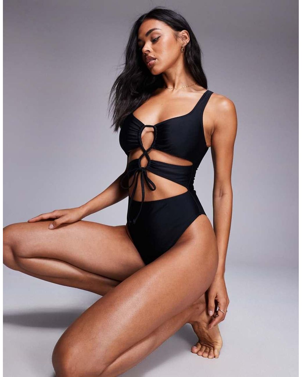 South Beach Black Essentials Cut Out Front Tie Swimsuit