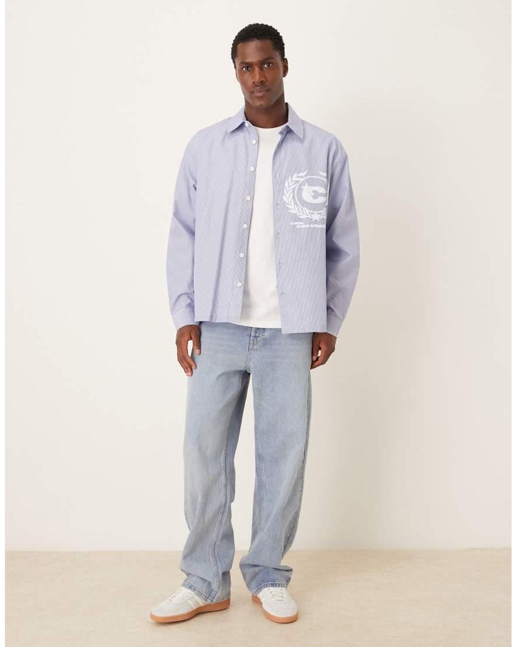 ASOS Oversized Gestreept Overhemd Met Print Op De Borst in het Blue voor heren