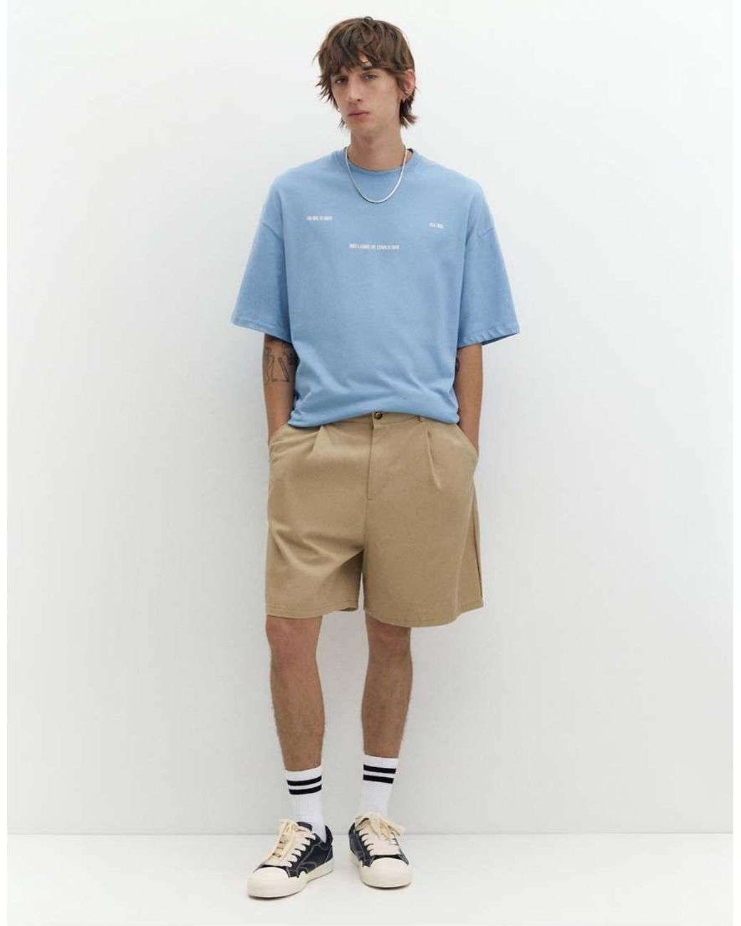 Pull&Bear Blue Stwd Boxy Text T-shirt for men