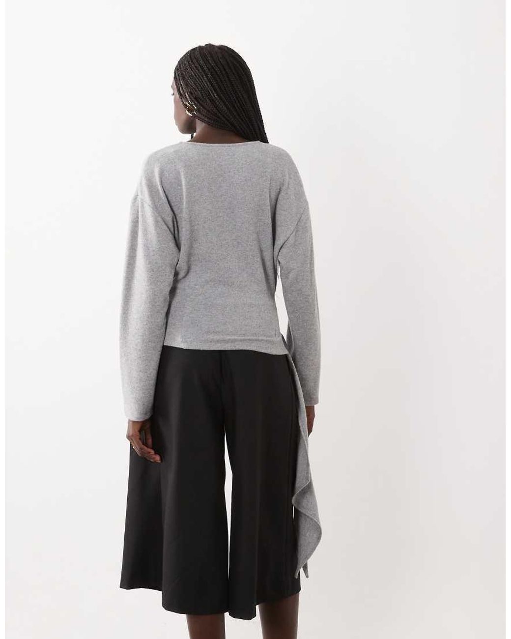 ASOS Gray Long Sleeve Wrap Top With Tie Detail