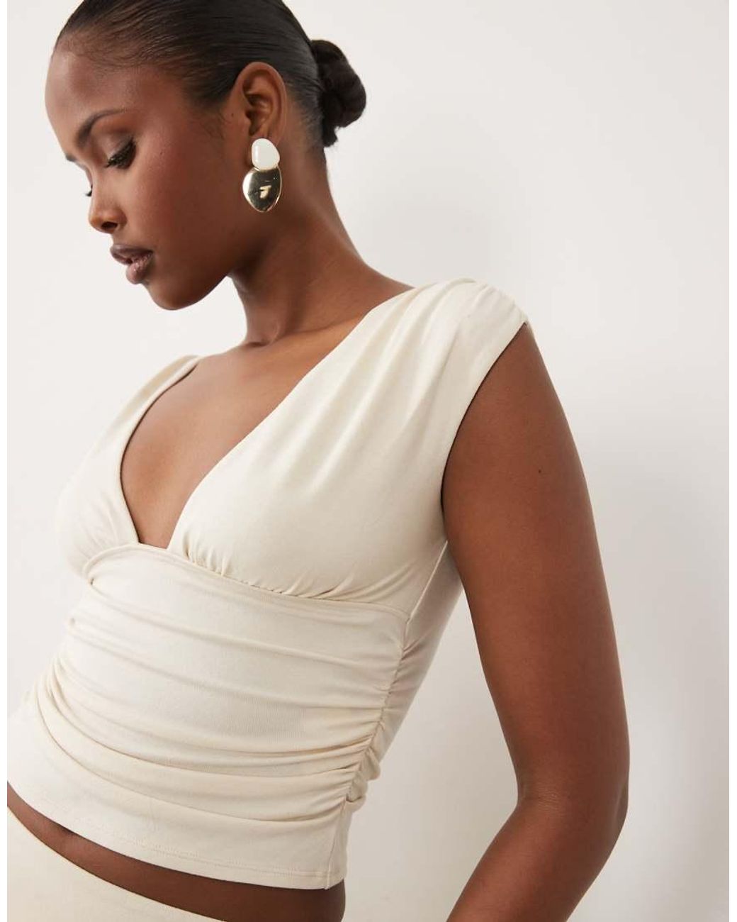 Oh Polly Natural Modal Plunge Ruched Detail Top Set