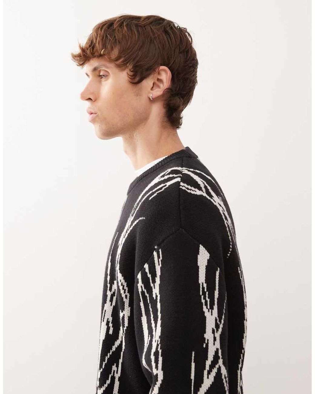 Weekday Black Oversized Jumper With Barbed Wire Graphic Jaqcuard for men