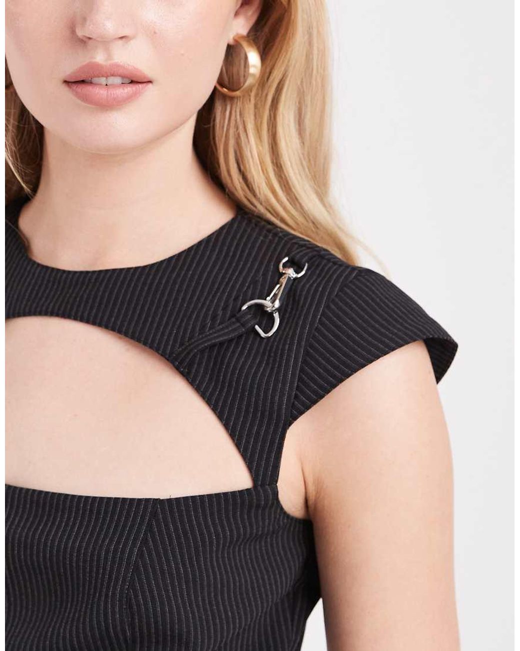 Collusion Black Tailored Pinstriped Buckle Top
