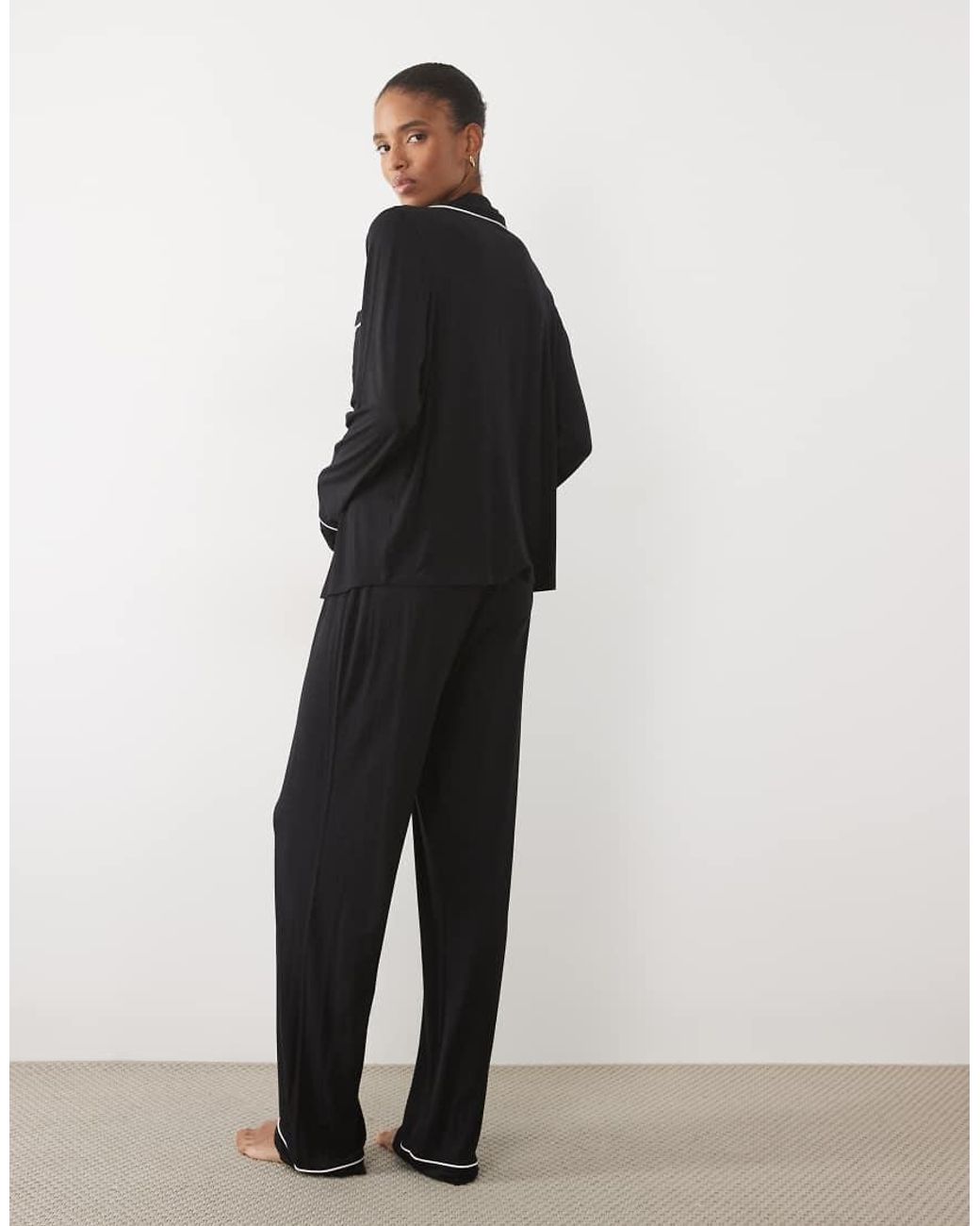 ASOS Black Asos Design Viscose Tall Super Soft Long Sleeve Shirt & Trouser Pyjama Set
