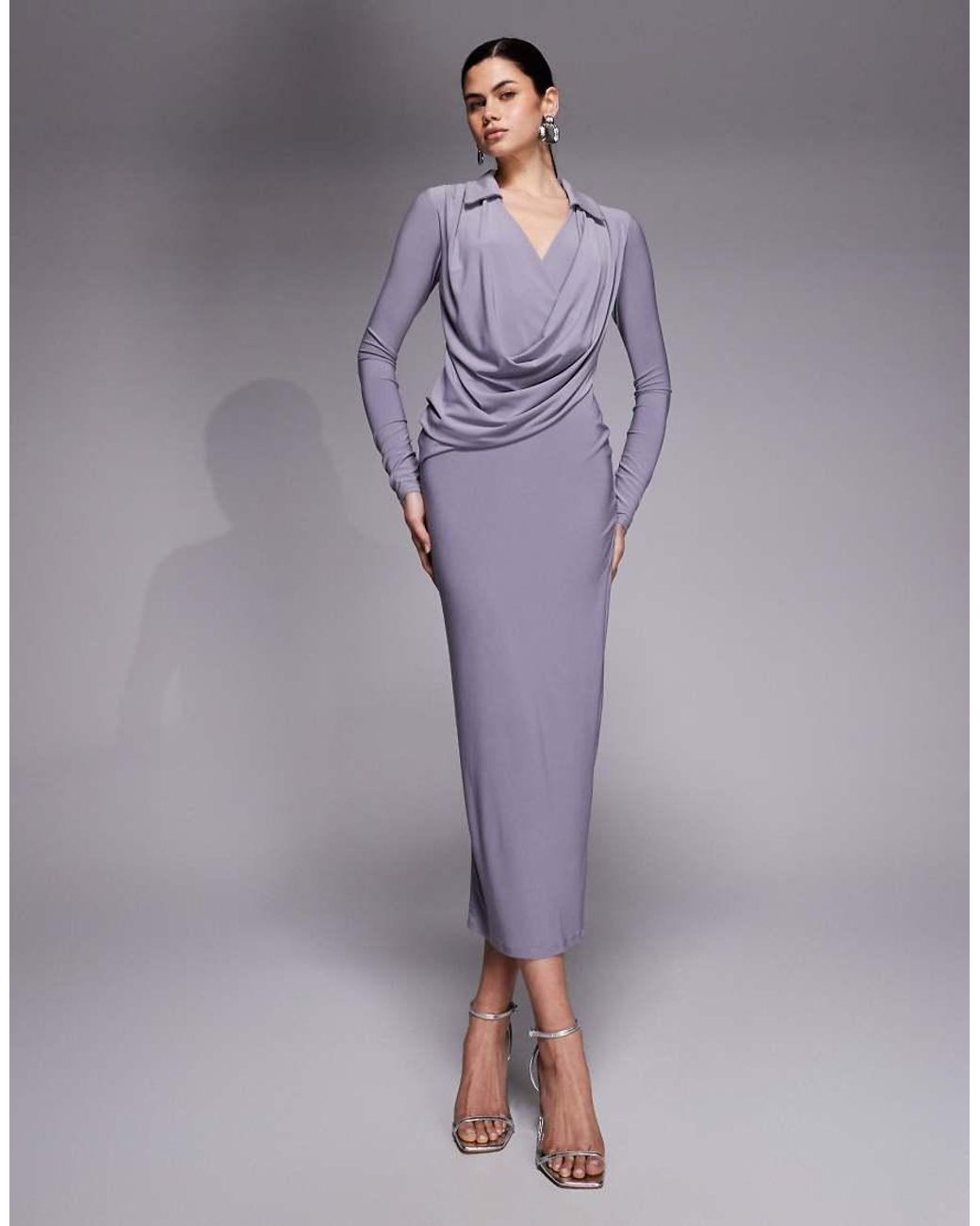 ASOS Purple Long Sleeve Shirt Draped Midi Dress