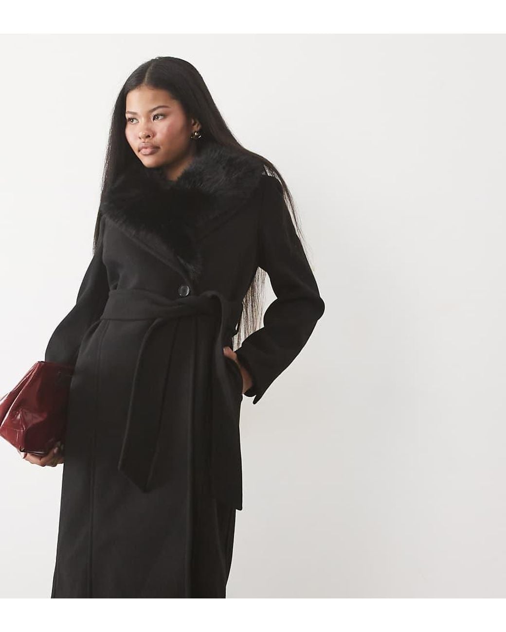 Forever New Black Faux Fur Tie Detail Coat