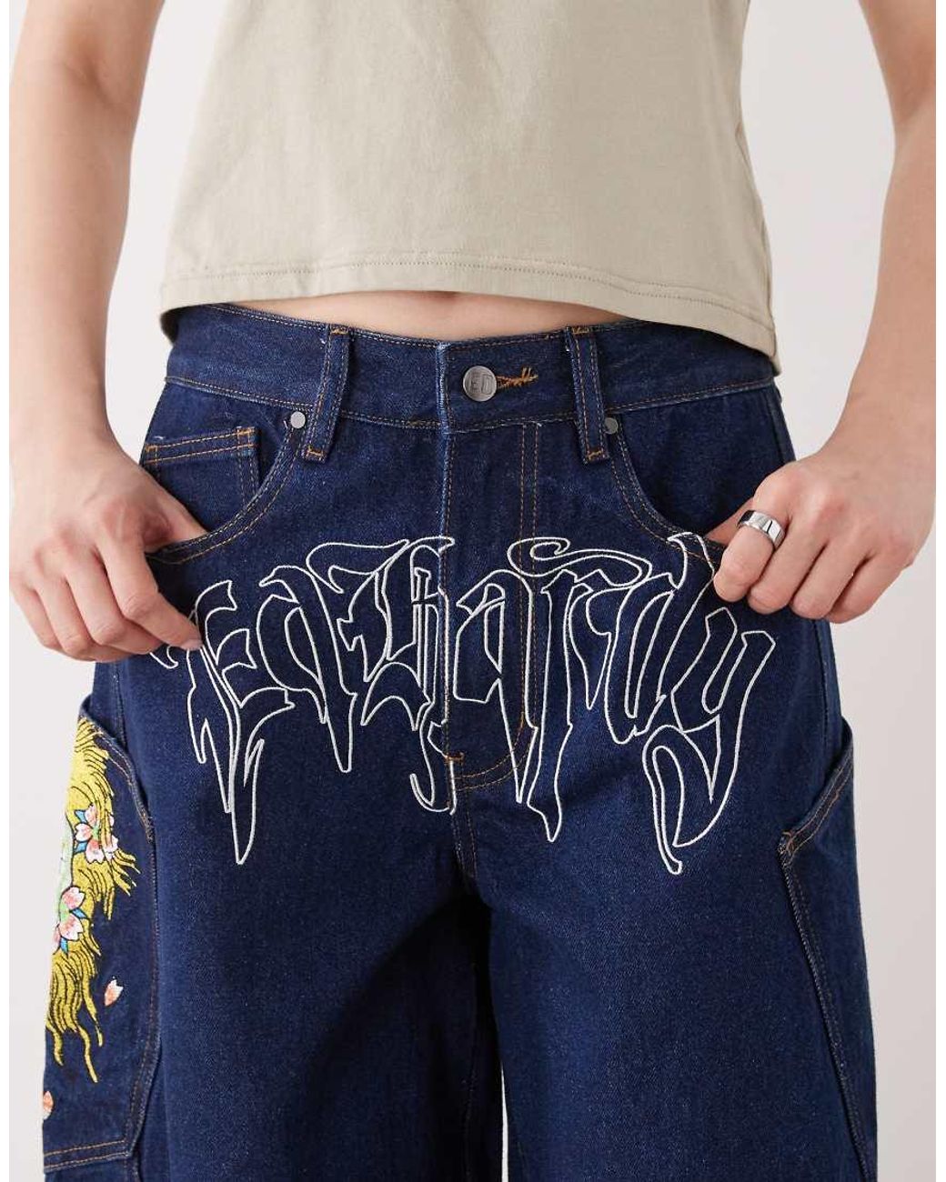 Ed Hardy Blue Gothic Skull Relaxed Balloon Jeans