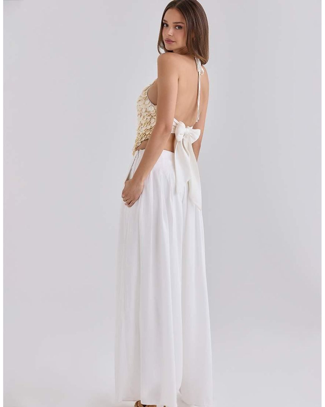 House Of Cb White Alina Sateen Pleated Wide Leg Trousers