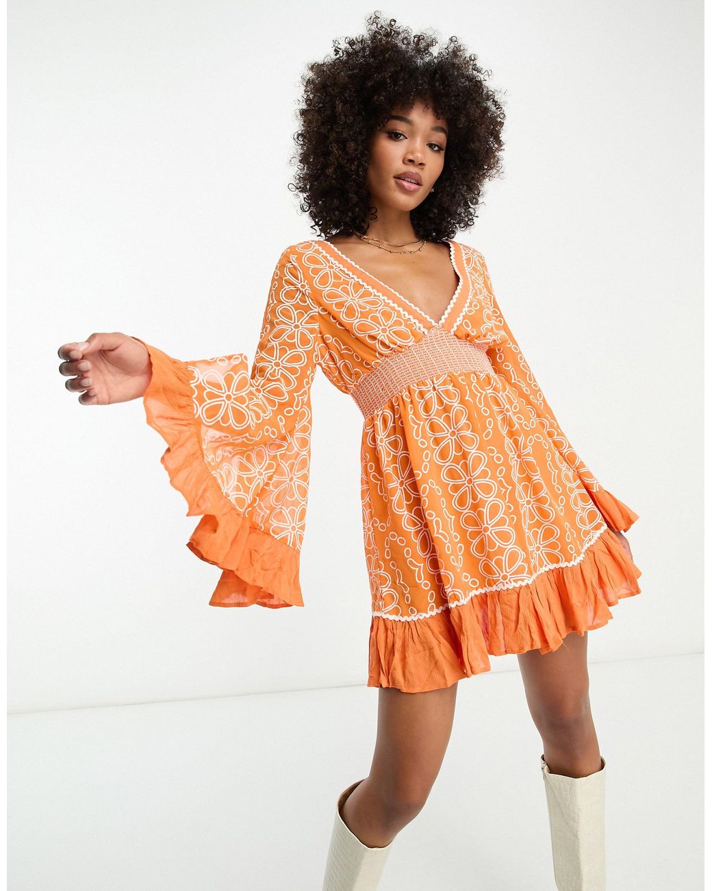 River Island Embroidered Ruffle Hem Mini Beach Dress With Floaty Sleeves in  Orange | Lyst Australia