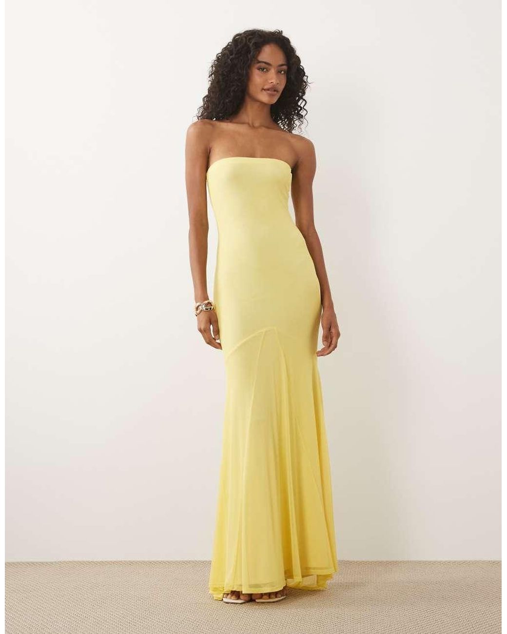 ASOS Yellow Bandeau Mesh Maxi With Godet And Train Detail