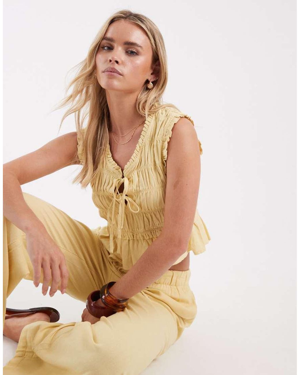 Only Petite Yellow Linen Blend Tie Front Ruched Top Co-ord