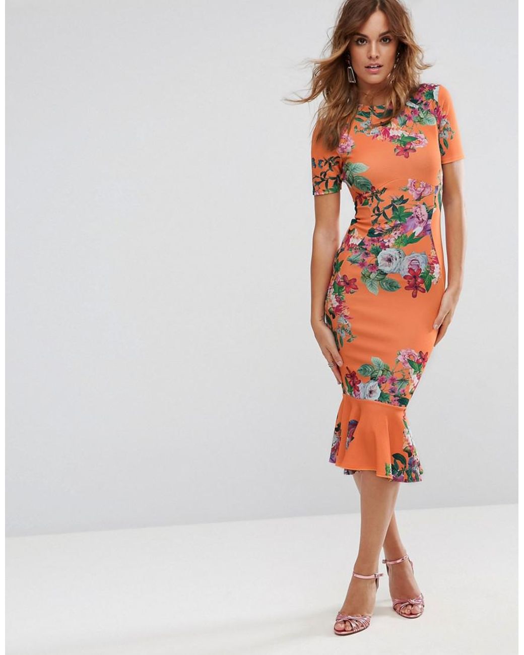 ASOS Floral Peplum Midi Dress in Orange | Lyst