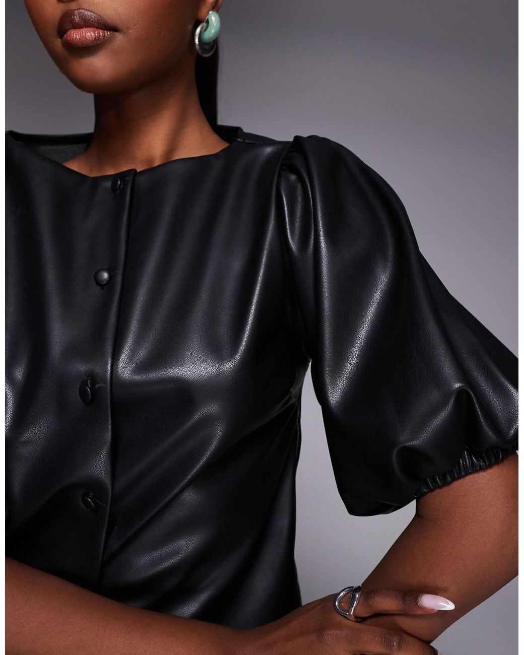 ASOS Blue Pu Puff Sleeve Button Through Top