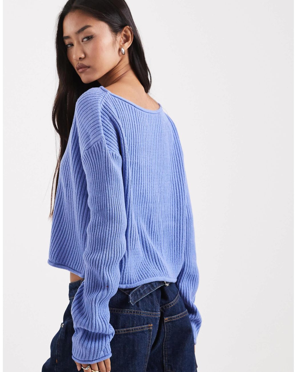 Wide Rib Sweater Asos ASOS Crew Neck Boxy Ribbed Sweater With Rolled Edge in Blue | Lyst Canada