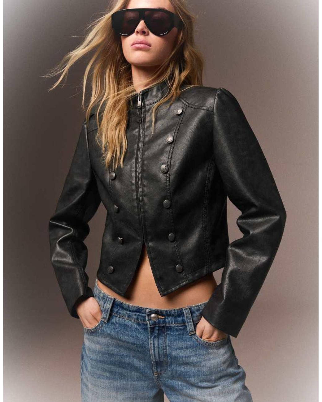 Bershka Natural Buttoned Leather Effect Jacket
