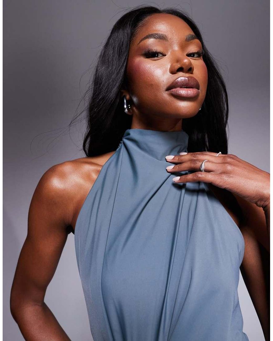 ASOS Blue Sculpting Jersey High Neck Drape Ruffle Maxi Dress