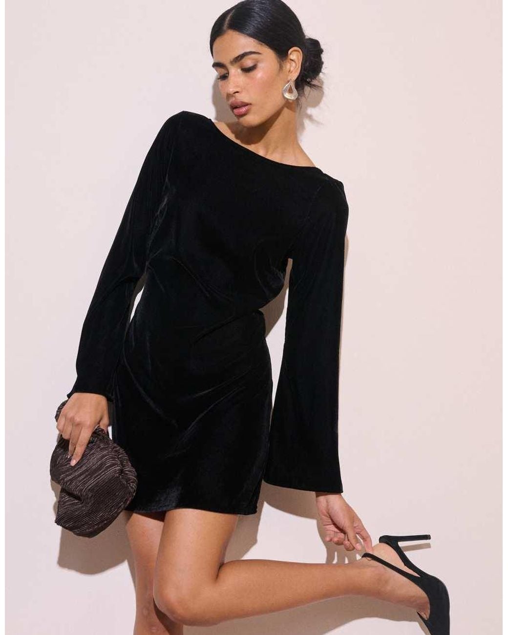 Nobody's Child Black Joelle Velvet Open Back Bow Detail Flare Sleeve Mini Dress