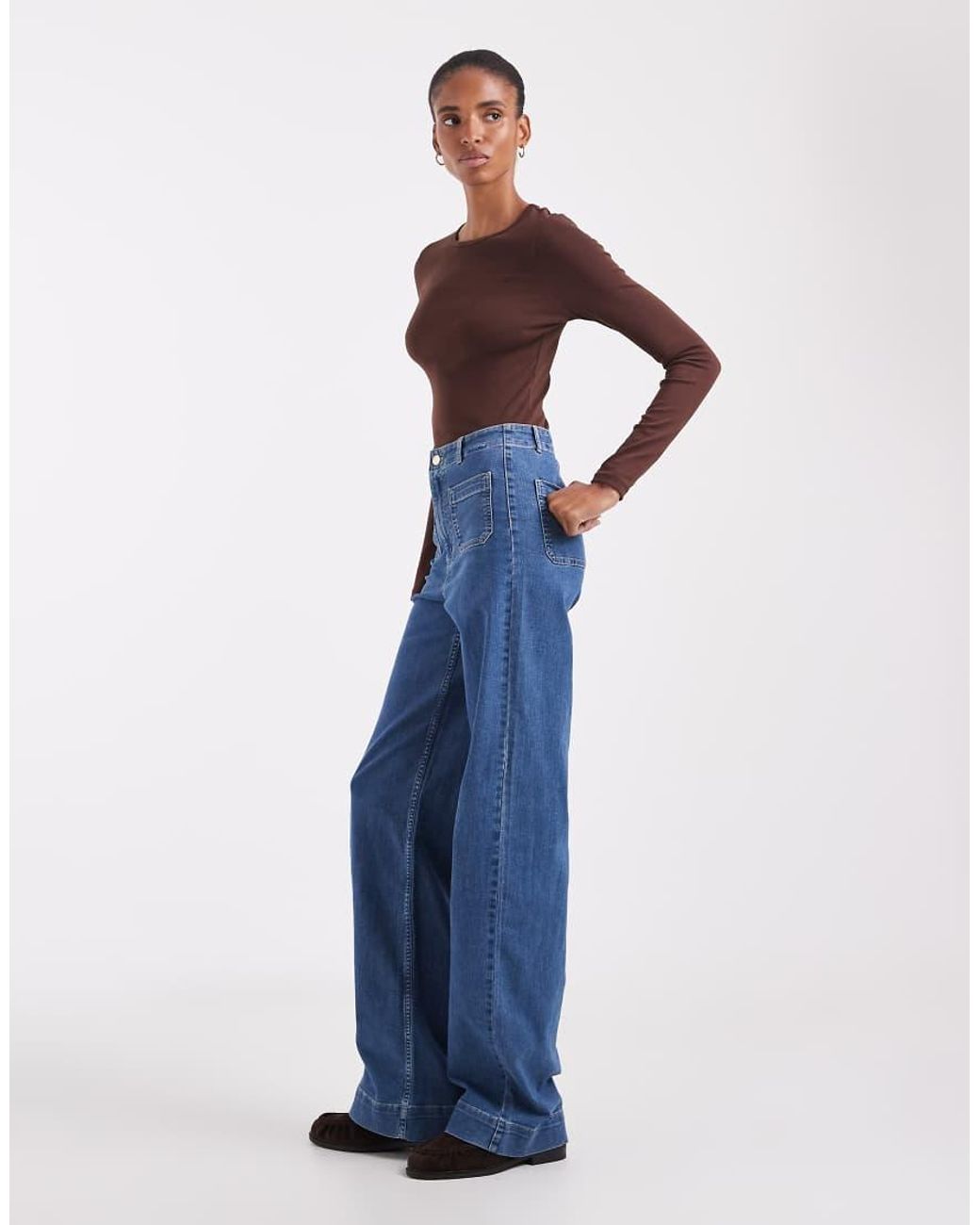 Vero Moda Blue Kayla High Rise Wide Leg Jeans With Pocket Detail