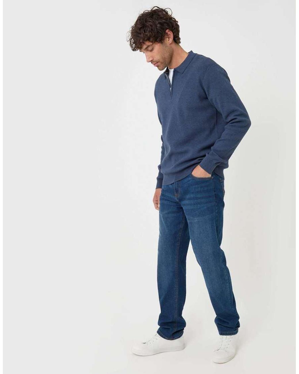 Threadbare Blue Cotton Rich Quarter Zip Long Sleeve Polo for men