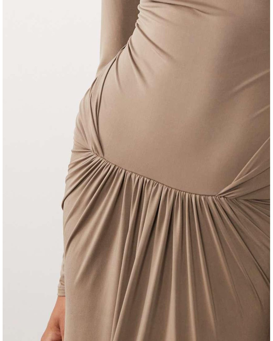 ASOS Natural Slinky High Neck Maxi Dress With Waist Detail