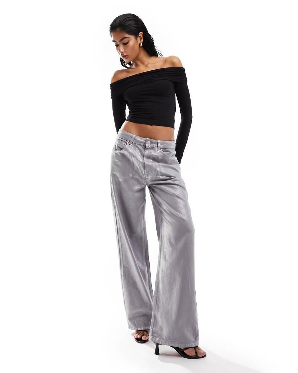 ASOS Black Slinky Bardot Long Sleeve Top