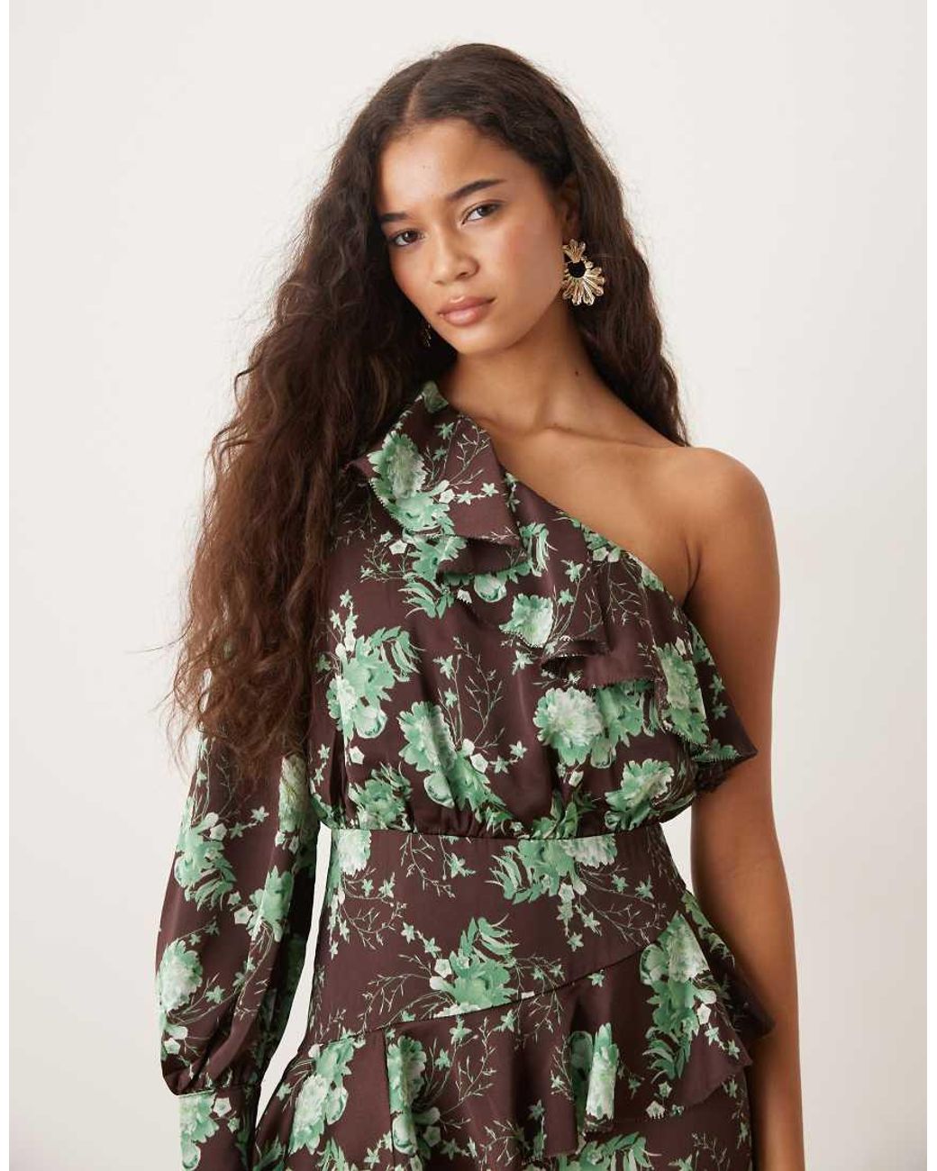 True Decadence Green One Shoulder Ruffled Layered Maxi Dress