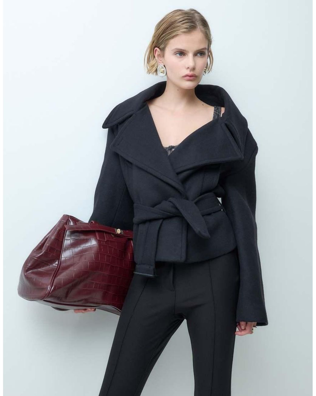 Mango Blue Wool Mix Sculpted Belted Short Jacket