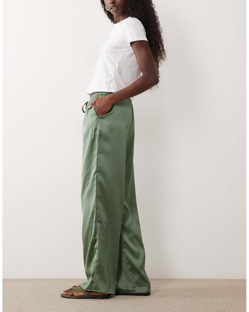 ASOS Green Satin Wide Leg Pull On Trouser