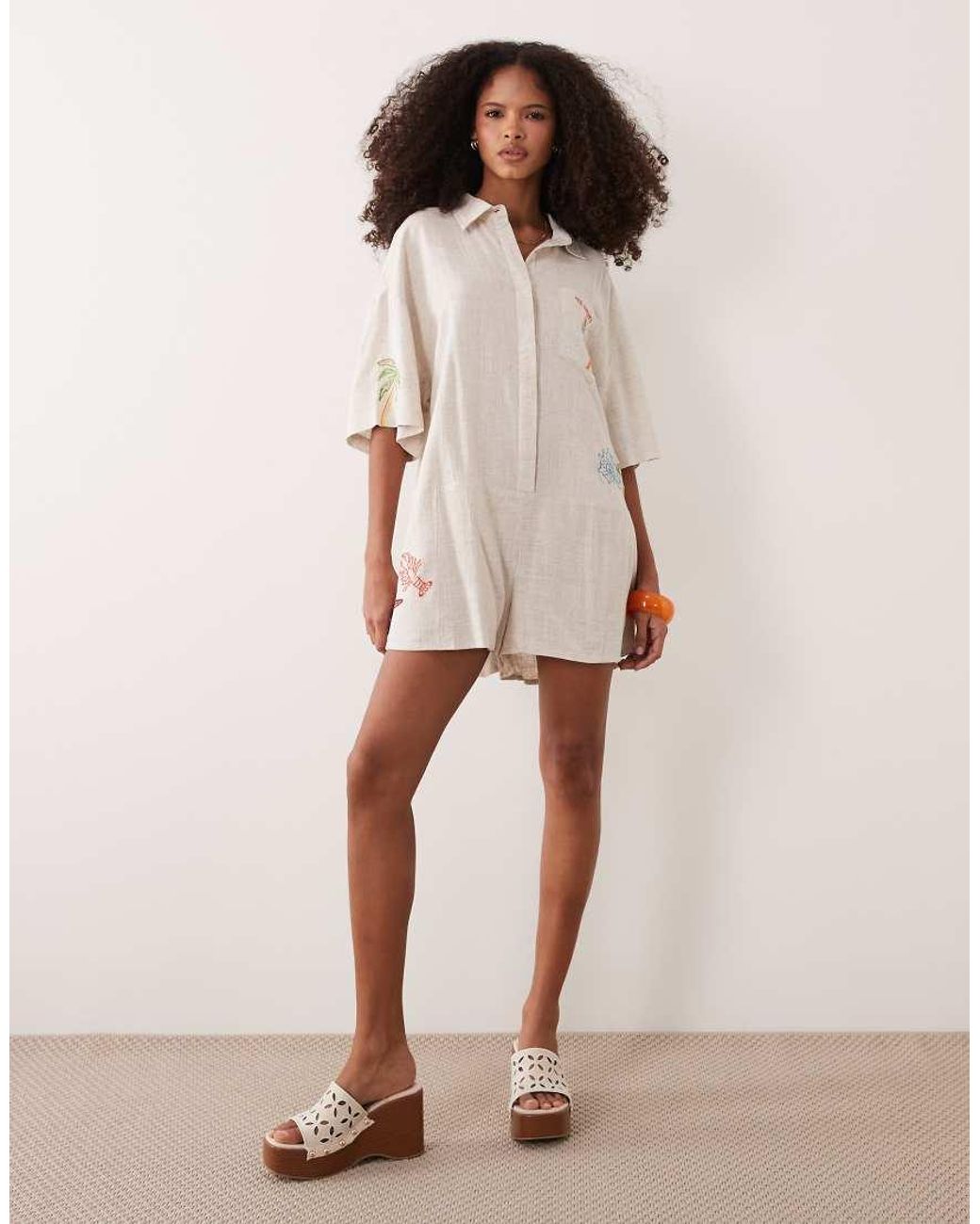 ASOS Natural Short Sleeve Shirt Playsuit With Embroidery Detail