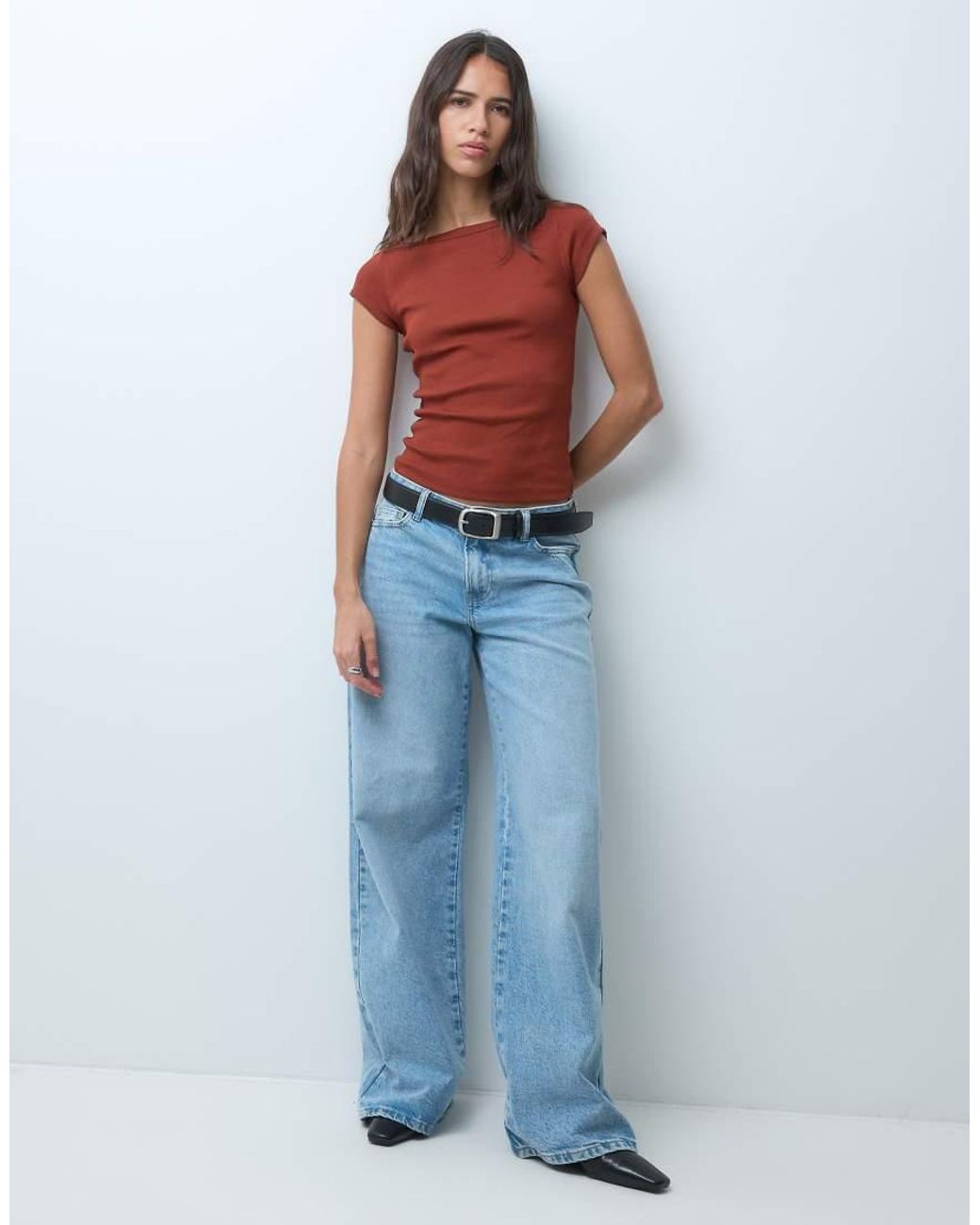 JJXX Orange Ribbed Boat Neck Tee
