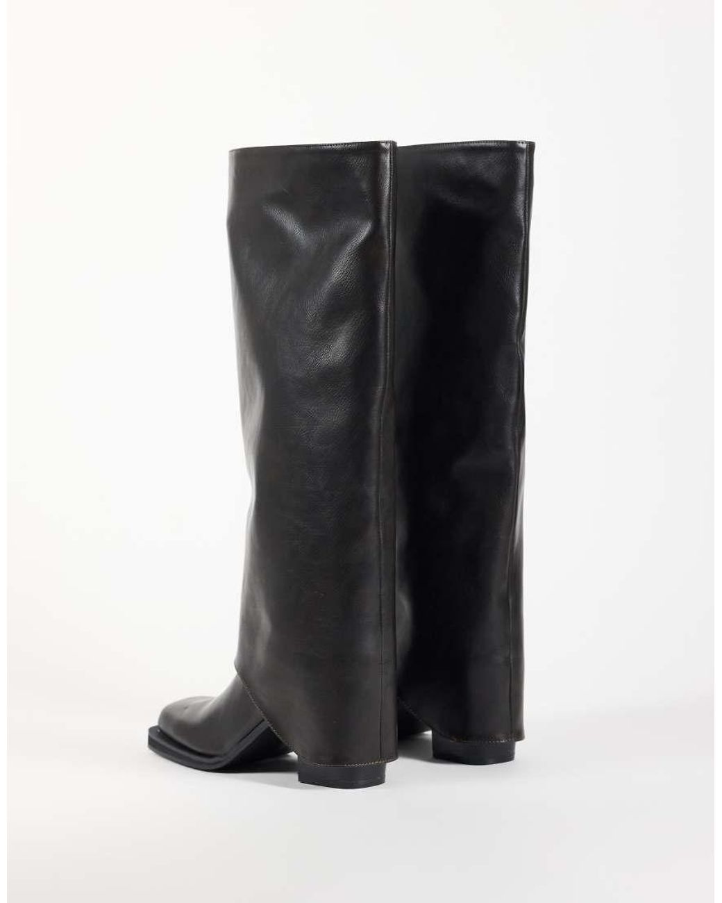 Public Desire Black Rocky Foldover Square Toe Knee Boots